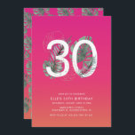 Moderne tropische Fuchsia 30th Birthday Kaart<br><div class="desc">Deze leuke,  moderne dertigste verjaardagsuitnodiging heeft een tropische roze en oranje zonsondergang,  waterverf tropische bladeren die rond een 30 en eenvoudige tekst lopen. Op de achterzijde is een bijpassend zonneplaatachtergrond en een waterverf tropisch monster met een bladpatroon aangebracht.</div>