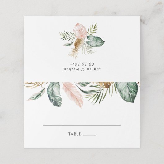 Moderne Tropische Gold Palm Greenery Blush Table Plaatskaartje (Buitenkant ongevouwen)