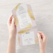 Moderne Tropische goudpalm zacht roze bruiloft All In One Uitnodiging (Afscheurbaar)