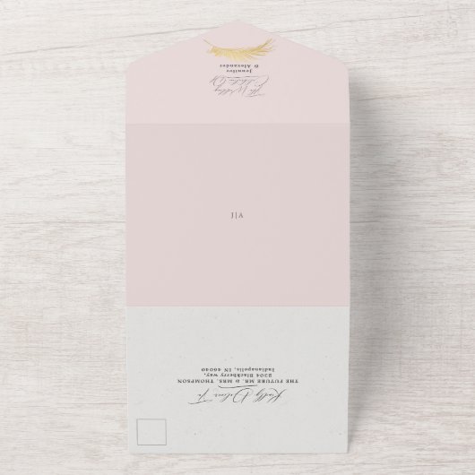 Moderne Tropische goudpalm zacht roze bruiloft All In One Uitnodiging (Buitenkant)