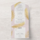 Moderne Tropische goudpalm zacht roze bruiloft All In One Uitnodiging (Binnen)