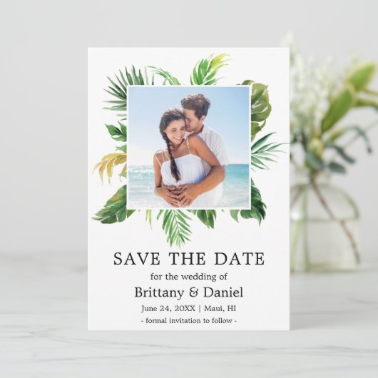 Moderne Tropische Greenery sparen de Datum Fotokaa Save The Date (Staand voorkant)