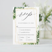 Moderne tropische groen gouden bruiloft maaltijd k RSVP kaartje (Staand voorkant)
