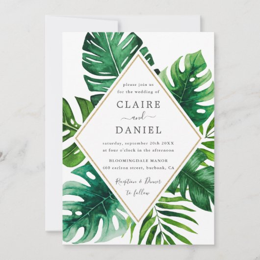 Moderne tropische groene bladeren bruiloft kaart (Voorkant)