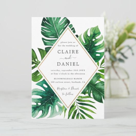Moderne tropische groene bladeren bruiloft kaart (Staand voorkant)