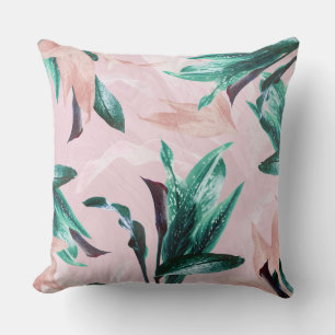 Moderne Tropische Groene Bladeren Roze Bloem Lelie Kussen