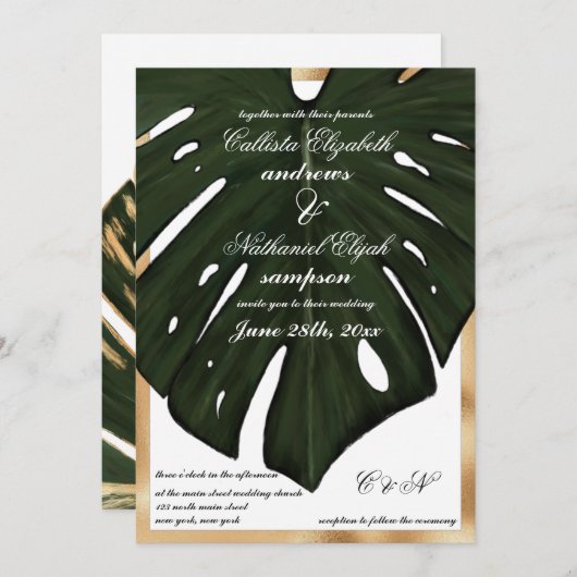 Moderne Tropische Groene Gouden Monstera Leaf Wedd Kaart (Voorkant / Achterkant)