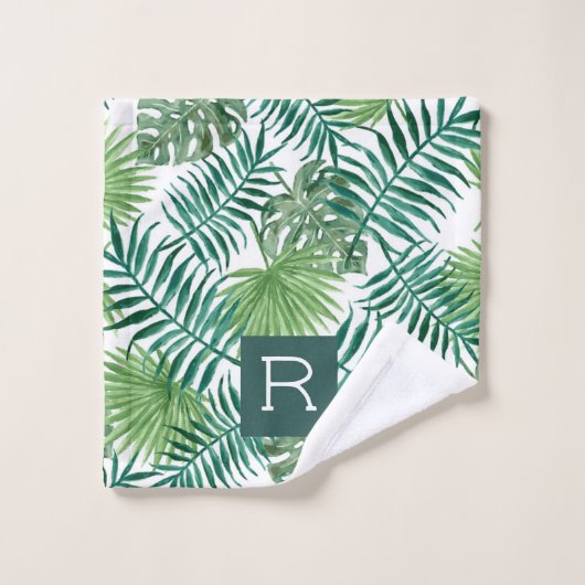 Moderne tropische groene monogram handdoekset bad handdoek (Wasdoekje)