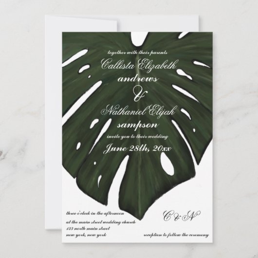 Moderne Tropische Groene Monstera Leaf Wedding Kaart (Voorkant)