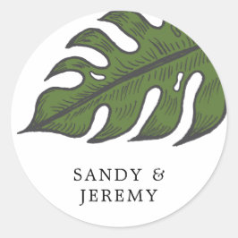 Moderne Tropische Groene Palmblad Bruiloft Ronde Sticker