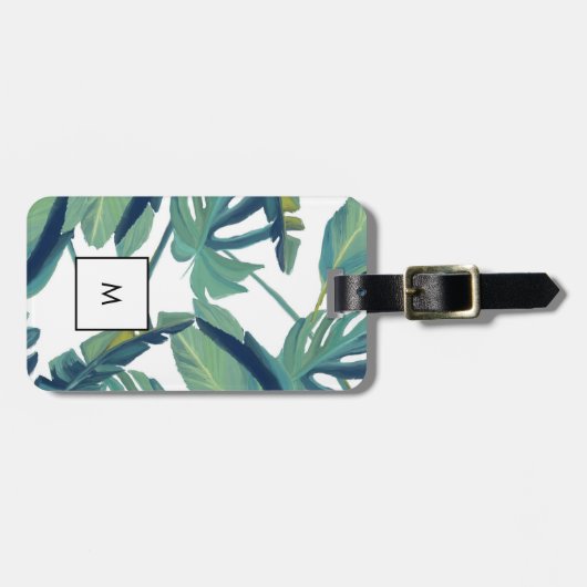 Moderne tropische groene waterverf bladeren monogr bagagelabel (Voorkant horizontaal)