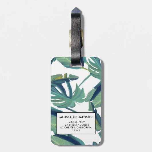 Moderne tropische groene waterverf bladeren monogr bagagelabel (Achterkant verticaal)