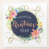 Moderne tropische kersttypografie en bloemen glazen onderzetter (Voorkant)