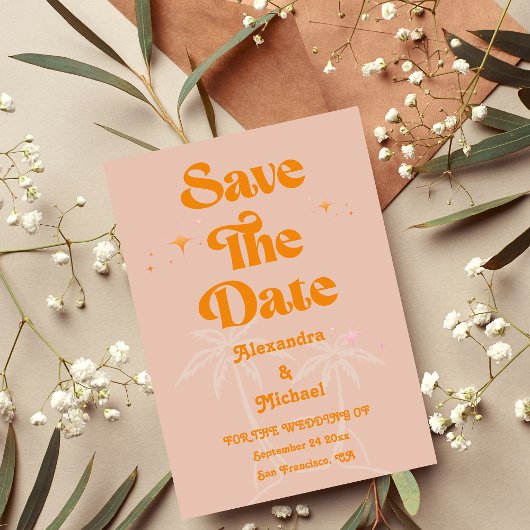 Moderne Tropische Levendige Oranje Bruiloft Save The Date