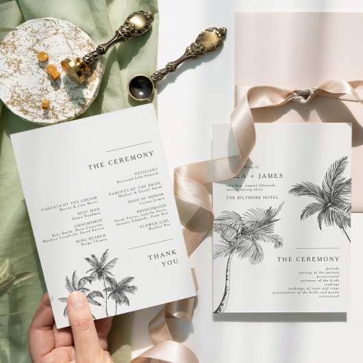 Moderne tropische minimalistische bruiloft programmakaart