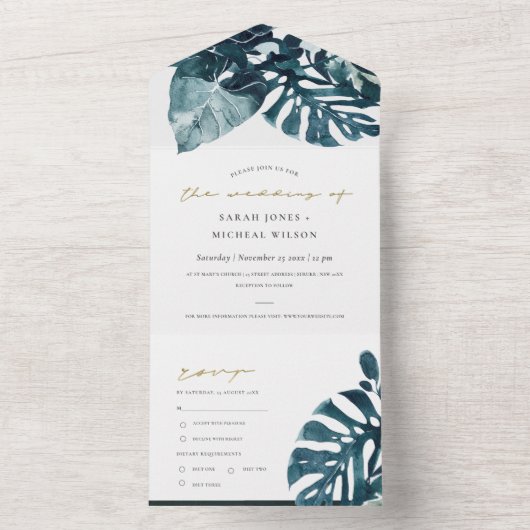 MODERNE TROPISCHE MONSTERA FOLIAGE BLUE WATERVERF ALL IN ONE UITNODIGING (Binnen)