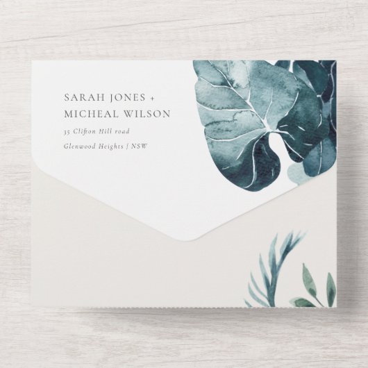 MODERNE TROPISCHE MONSTERA FOLIAGE BLUE WATERVERF ALL IN ONE UITNODIGING (Achterkant)