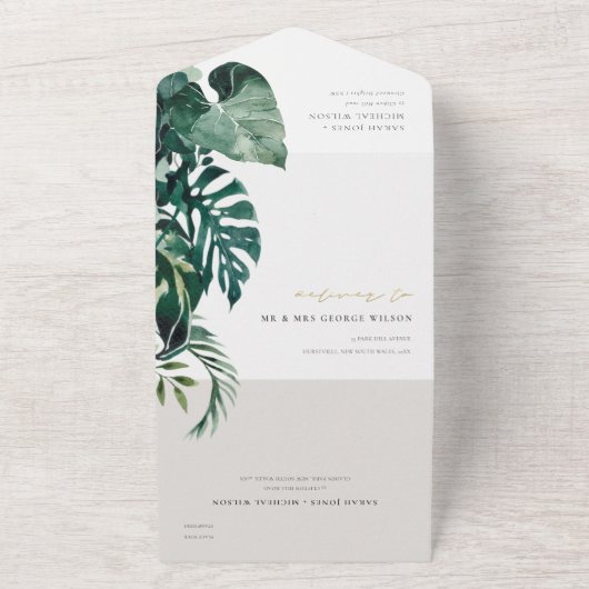 MODERNE TROPISCHE MONSTERA FOLIAGE GROENE WATERVER ALL IN ONE UITNODIGING (Buitenkant)