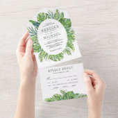 Moderne tropische monstera palm leves Wedding All In One Uitnodiging (Afscheurbaar)