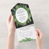 Moderne tropische monstera palmbladeren zwarte bru all in one uitnodiging (Afscheurbaar)