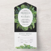 Moderne tropische monstera palmbladeren zwarte bru all in one uitnodiging (Binnen)