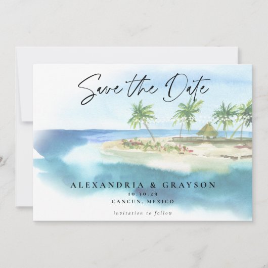 Moderne Tropische Oceaan Strand Bruiloft QR code Save The Date (Voorkant)
