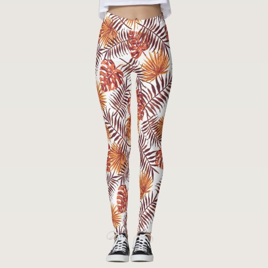 Moderne tropische Oranje palmbomen verlaten zomerk Leggings (Voorkant)