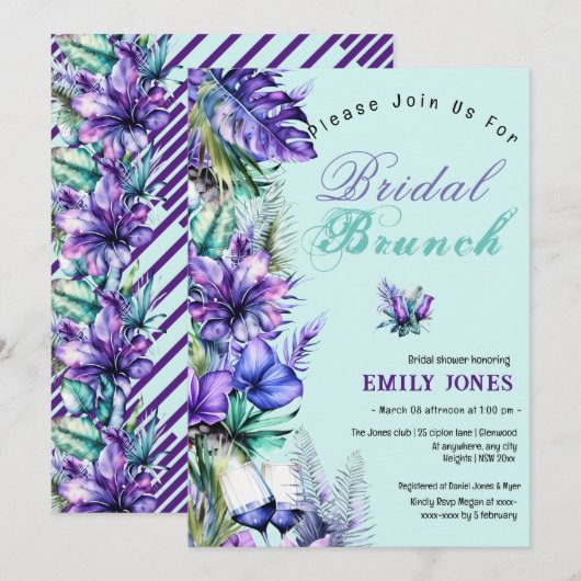 Moderne tropische paarse bloemenbruidsbrunch kaart (Voorkant / Achterkant)