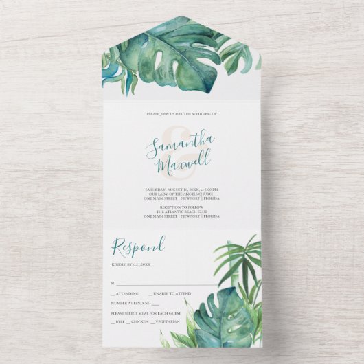 Moderne tropische palm allen in één huwelijksuitno all in one uitnodiging (Binnen)