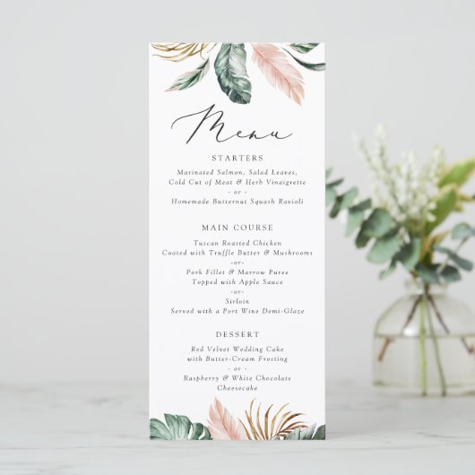 Moderne tropische palm Leaf Typography Blush Weddi Menu (Staand voorkant)