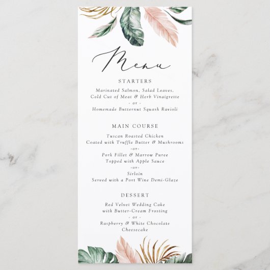 Moderne tropische palm Leaf Typography Blush Weddi Menu (Voorkant)
