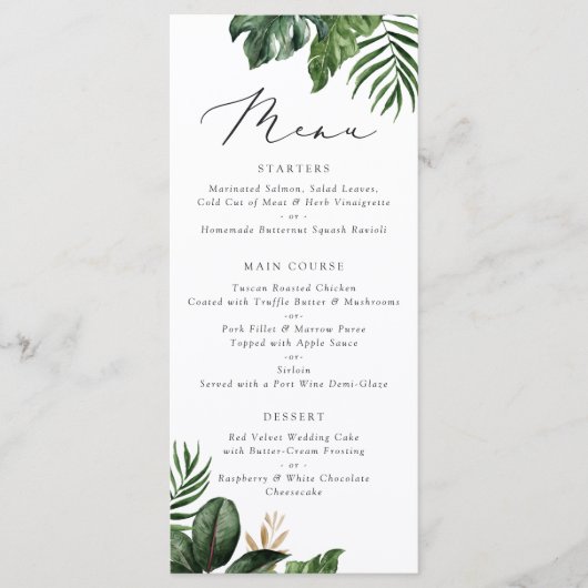 Moderne tropische palm Leaf Typography Wedding Menu (Voorkant)
