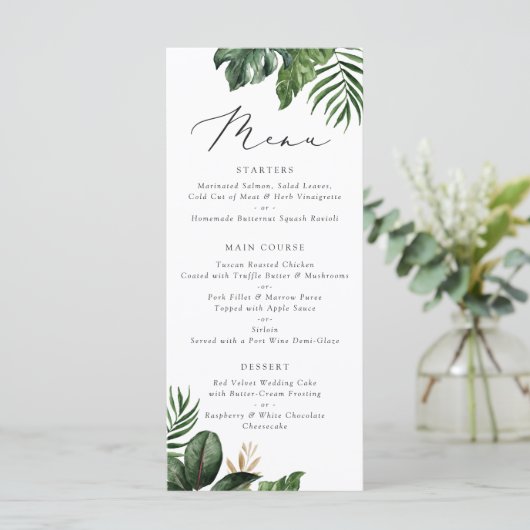 Moderne tropische palm Leaf Typography Wedding Menu (Staand voorkant)