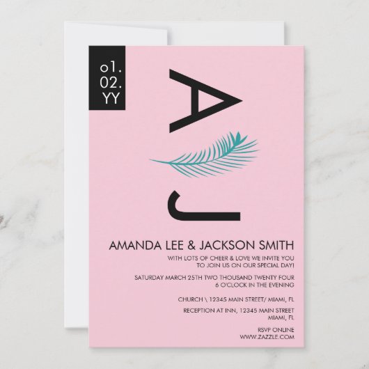 Moderne tropische palm lef Blauwgroen roze bruilof Kaart (Voorkant)