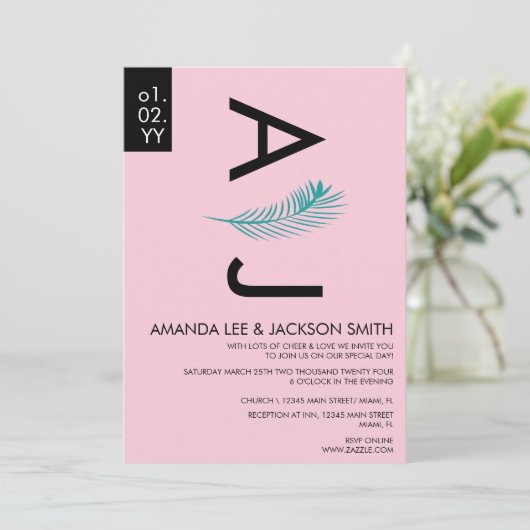 Moderne tropische palm lef Blauwgroen roze bruilof Kaart (Staand voorkant)