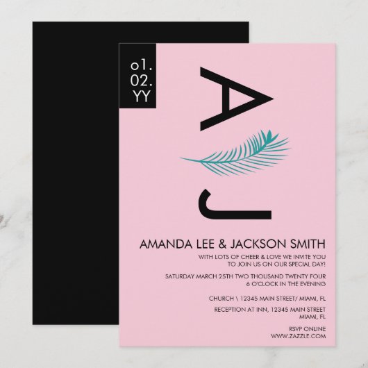 Moderne tropische palm lef Blauwgroen roze bruilof Kaart (Voorkant / Achterkant)