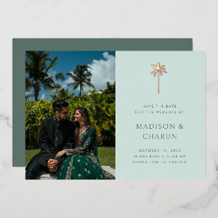 Moderne Tropische Palm Mint Wedding Save the Date Folie Uitnodiging