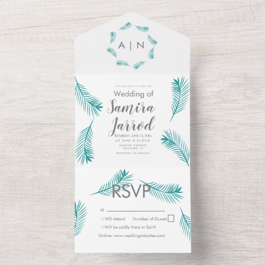 Moderne Tropische Palm Trouw All In One Uitnodiging (Binnen)