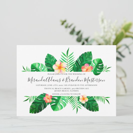 Moderne tropische palmbladeren bloemenbruiloft kaart (Staand voorkant)