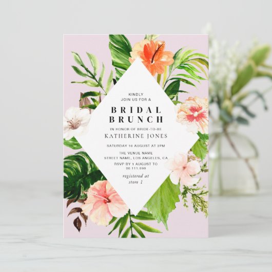 Moderne tropische palmbladeren bruids brunch kaart (Staand voorkant)