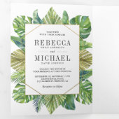 Moderne tropische palmbladeren Fotocollage bruilof Drieluik Uitnodiging (Binnenzijde eerst)