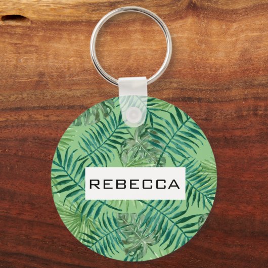 Moderne tropische palmbladeren Monogram Sleutelhan Sleutelhanger (Voorkant)