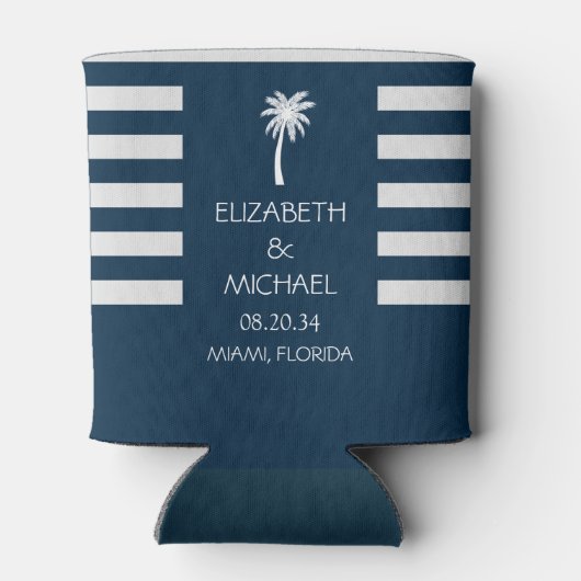 Moderne tropische palmbomen bruiloft marineblauw blikjeskoeler (Achterkant)