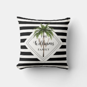 Moderne Tropische Palmboom Zwart En Wit Monogram Kussen