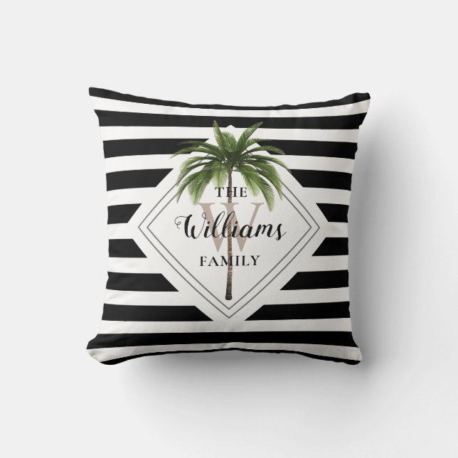 Moderne Tropische Palmboom Zwart En Wit Monogram Kussen (Voorkant)
