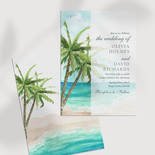 Moderne Tropische Strand en Palm Trees Bruiloft Kaart