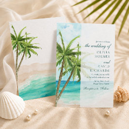 Moderne Tropische Strand- en Palmbomen Bruiloft Kaart