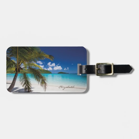 Moderne Tropische Strand, Palm, Zand Bagagelabel (Voorkant horizontaal)