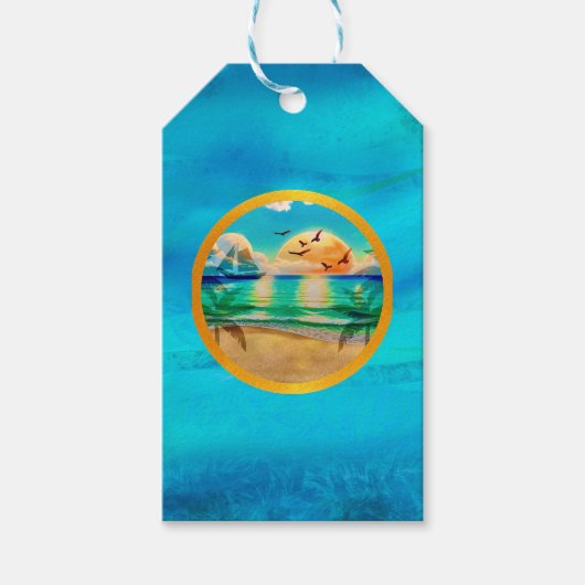 Moderne tropische strand palmbomen zonsondergang v cadeaulabel (Voorkant)