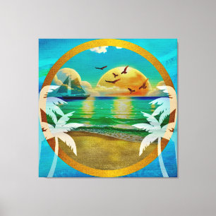 Moderne tropische strand palmbomen zonsondergang v canvas afdruk